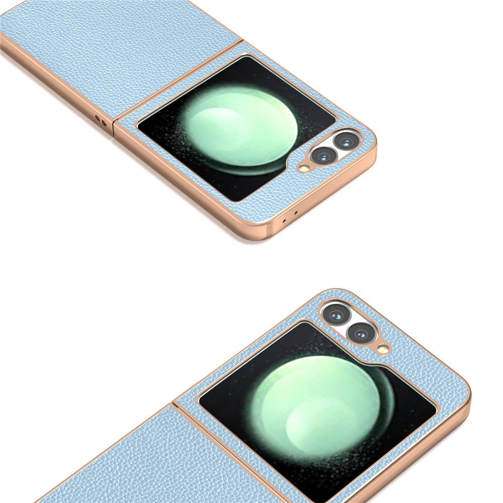 ABEEL For Samsung Galaxy Z Flip7 FE 5G / Z Flip6 5G Case Genuine Cow Leather+PC+TPU Electroplating Phone Cover - Baby Blue