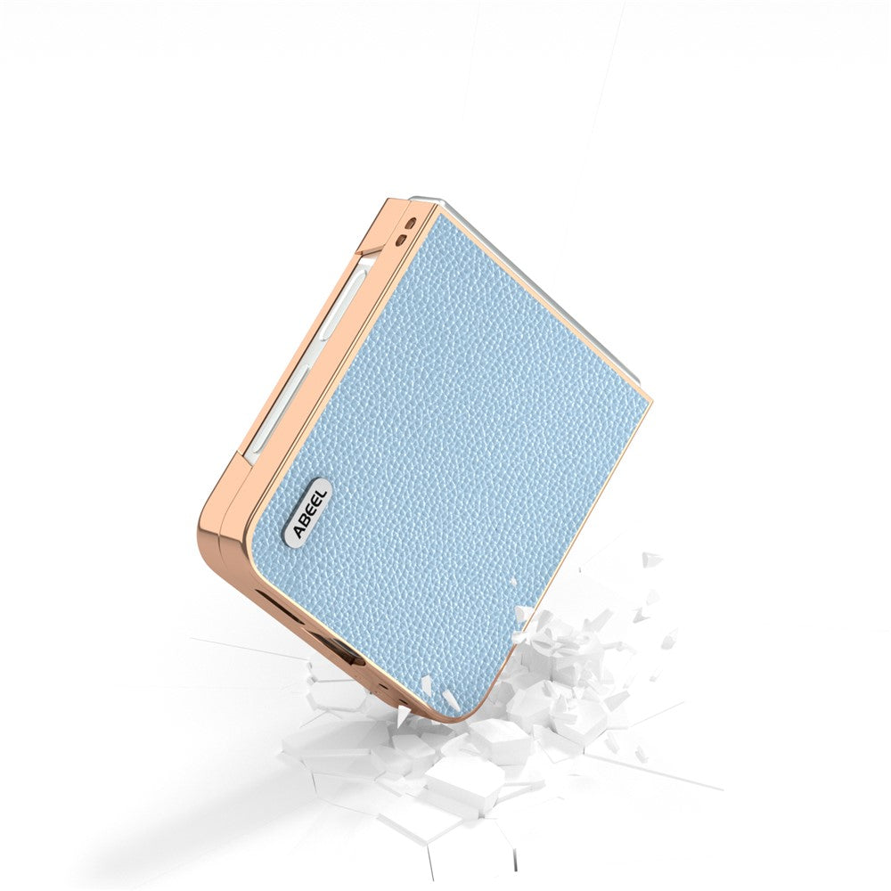 ABEEL For Samsung Galaxy Z Flip7 FE 5G / Z Flip6 5G Case Genuine Cow Leather+PC+TPU Electroplating Phone Cover - Baby Blue