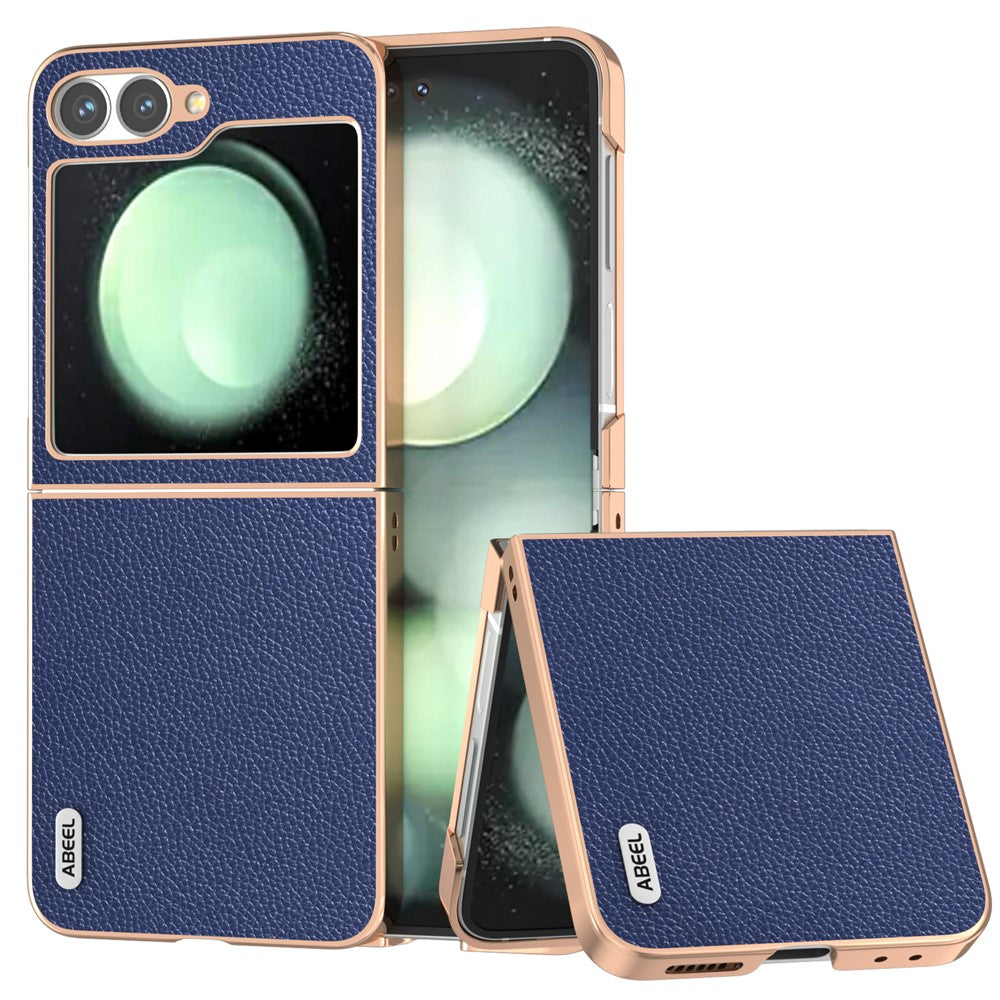 ABEEL For Samsung Galaxy Z Flip7 FE 5G / Z Flip6 5G Case Genuine Cow Leather+PC+TPU Electroplating Phone Cover - Blue
