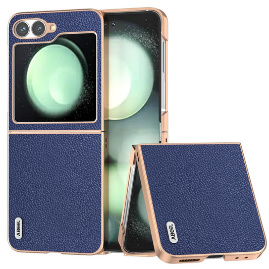 ABEEL For Samsung Galaxy Z Flip7 FE 5G / Z Flip6 5G Case Genuine Cow Leather+PC+TPU Electroplating Phone Cover - Blue