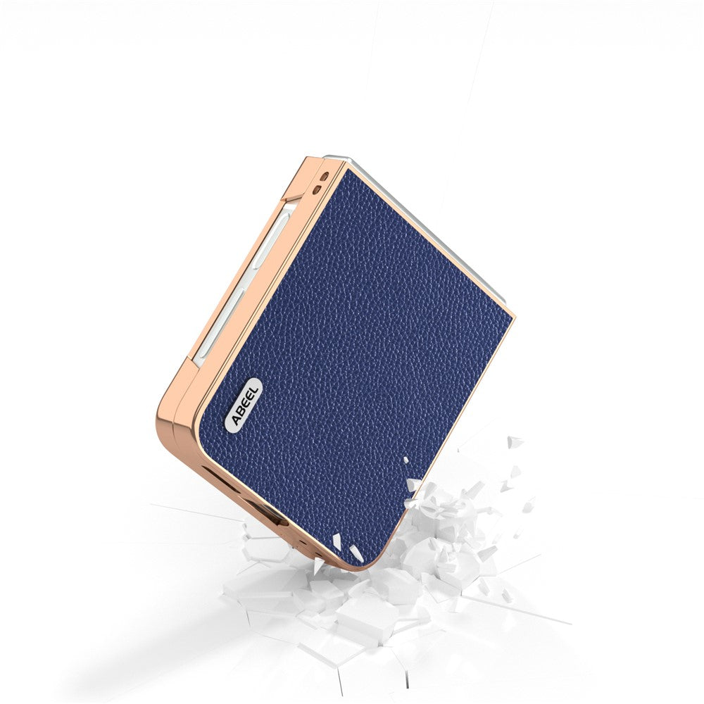 ABEEL For Samsung Galaxy Z Flip7 FE 5G / Z Flip6 5G Case Genuine Cow Leather+PC+TPU Electroplating Phone Cover - Blue