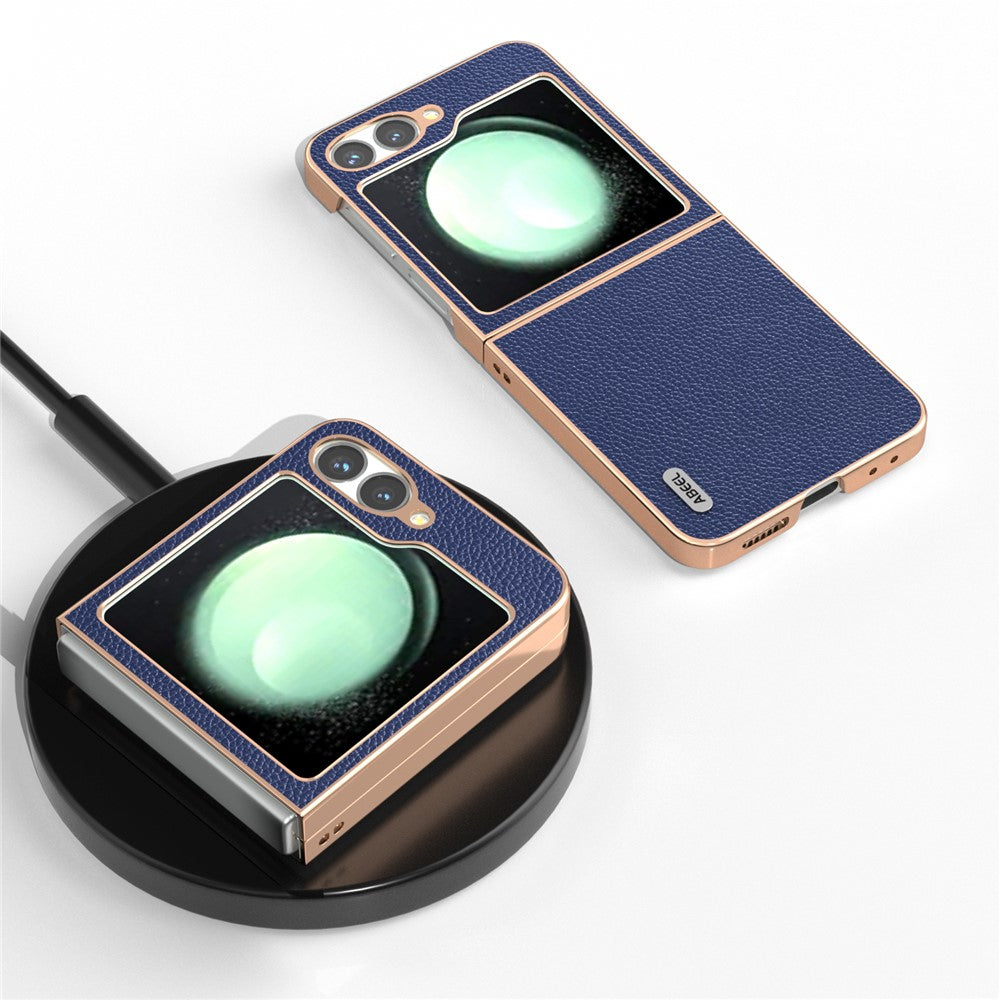 ABEEL For Samsung Galaxy Z Flip7 FE 5G / Z Flip6 5G Case Genuine Cow Leather+PC+TPU Electroplating Phone Cover - Blue