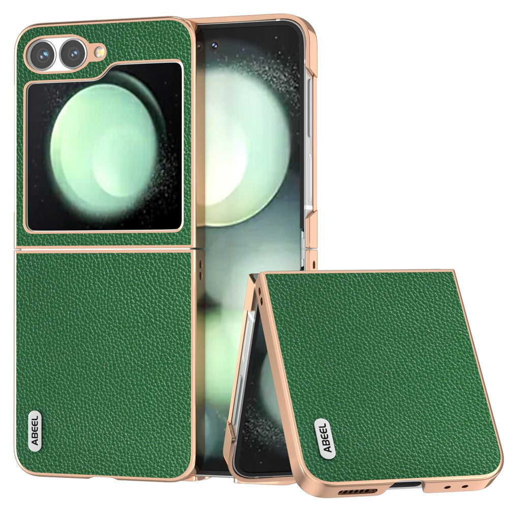 ABEEL For Samsung Galaxy Z Flip7 FE 5G / Z Flip6 5G Case Genuine Cow Leather+PC+TPU Electroplating Phone Cover - Green