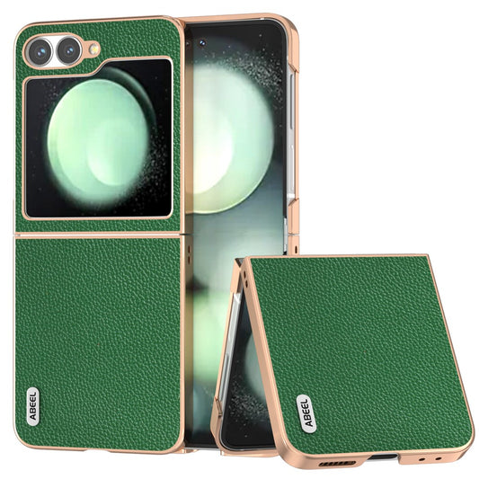 ABEEL For Samsung Galaxy Z Flip7 FE 5G / Z Flip6 5G Case Genuine Cow Leather+PC+TPU Electroplating Phone Cover - Green