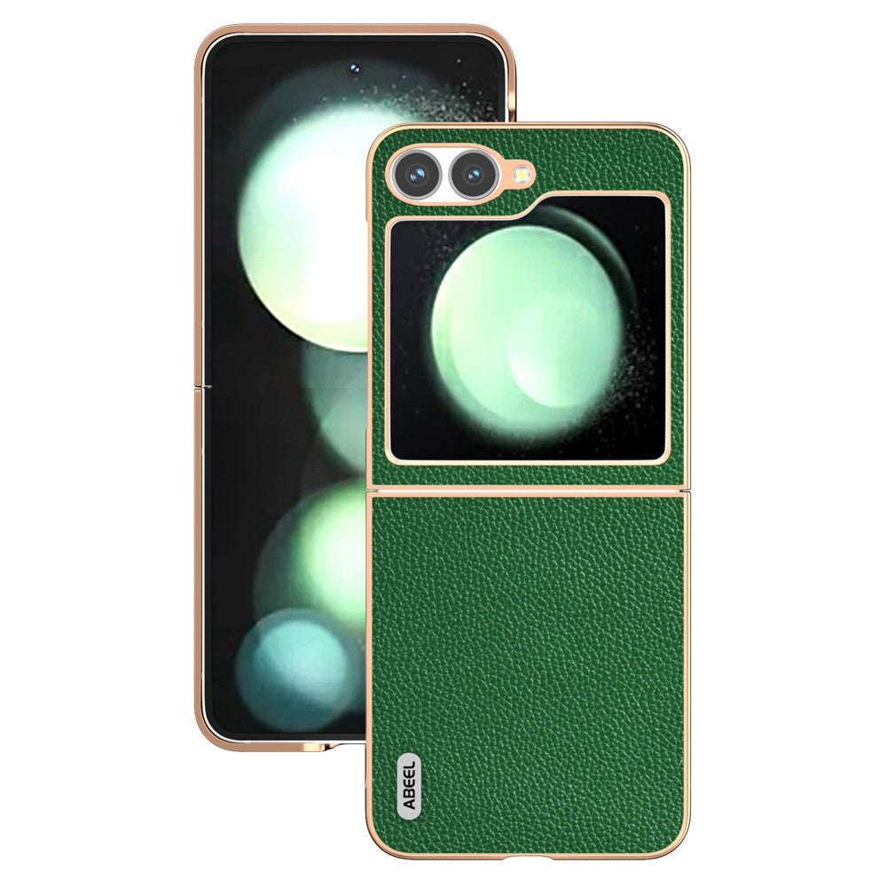 ABEEL For Samsung Galaxy Z Flip7 FE 5G / Z Flip6 5G Case Genuine Cow Leather+PC+TPU Electroplating Phone Cover - Green