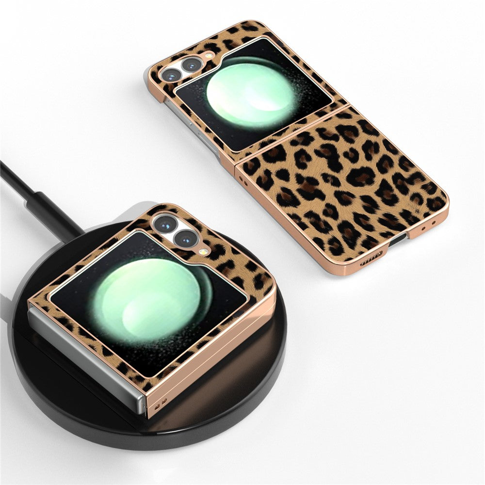For Samsung Galaxy Z Flip7 FE 5G / Z Flip6 5G Case Electroplating Leopard Pattern PU+TPU Phone Cover - Champagne Gold