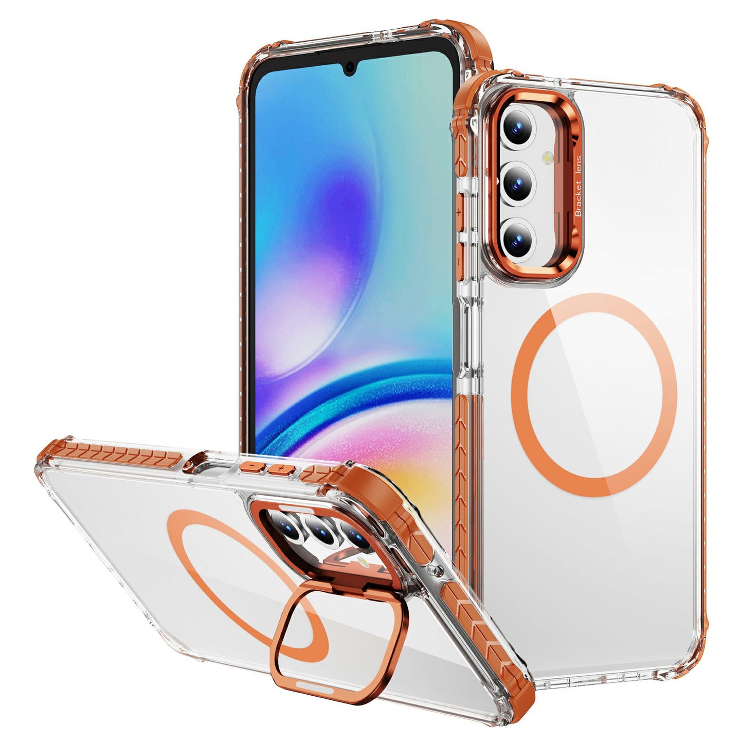 For Samsung Galaxy A16 5G  /  A16 4G Clear Phone Case with Lens Kickstand Cover Compatible with MagSafe - Orange