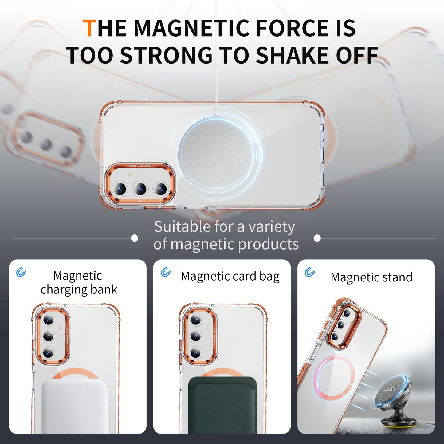 For Samsung Galaxy A16 5G  /  A16 4G Clear Phone Case with Lens Kickstand Cover Compatible with MagSafe - Orange