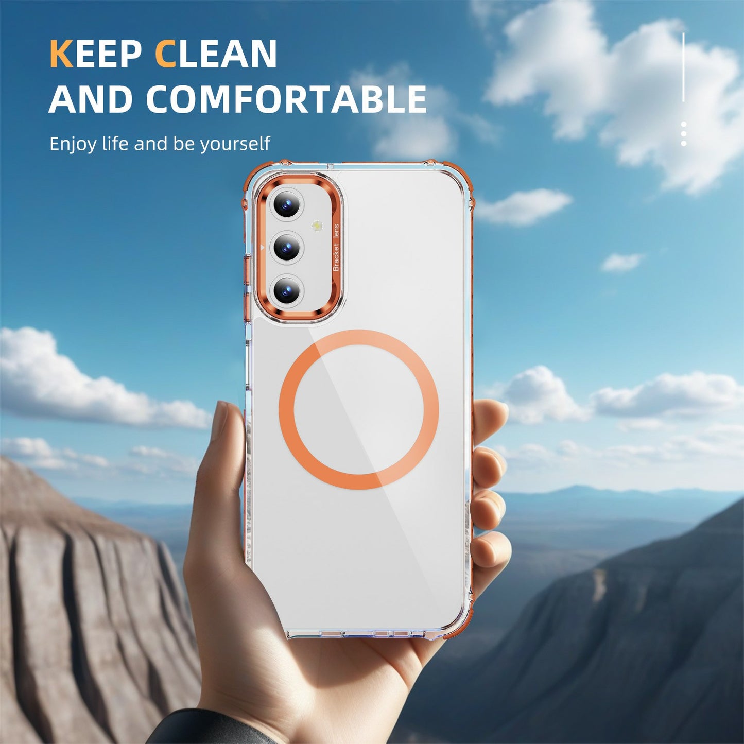 For Samsung Galaxy A16 5G  /  A16 4G Clear Phone Case with Lens Kickstand Cover Compatible with MagSafe - Orange