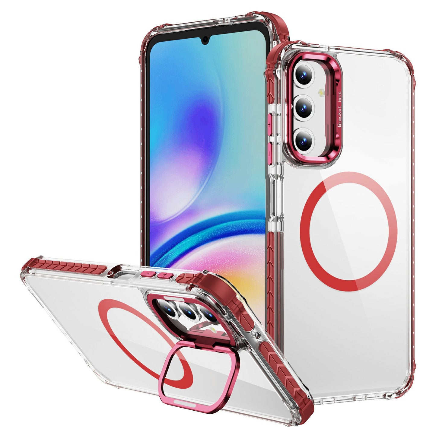 For Samsung Galaxy A16 5G  /  A16 4G Clear Phone Case with Lens Kickstand Cover Compatible with MagSafe - Red