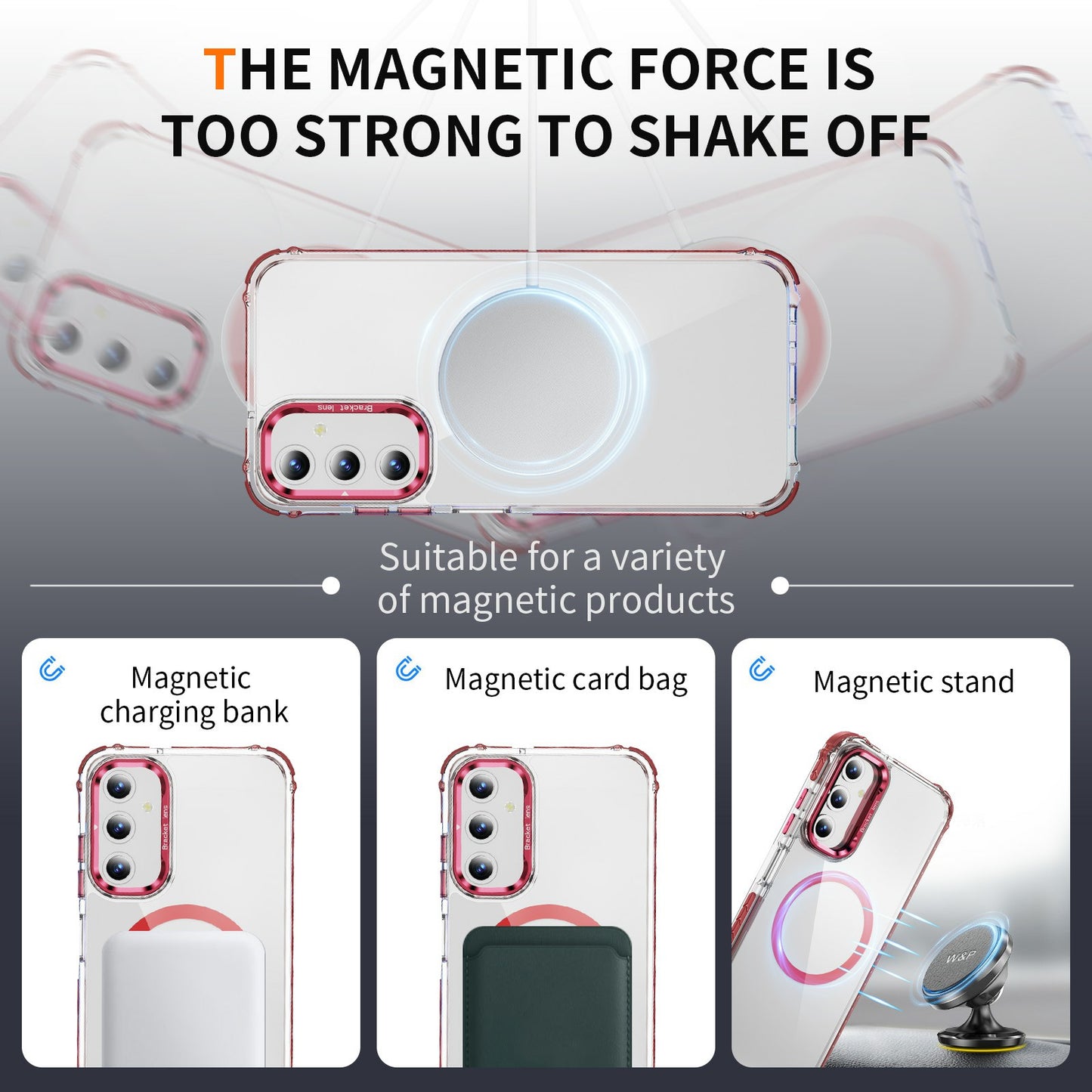 For Samsung Galaxy A16 5G  /  A16 4G Clear Phone Case with Lens Kickstand Cover Compatible with MagSafe - Red