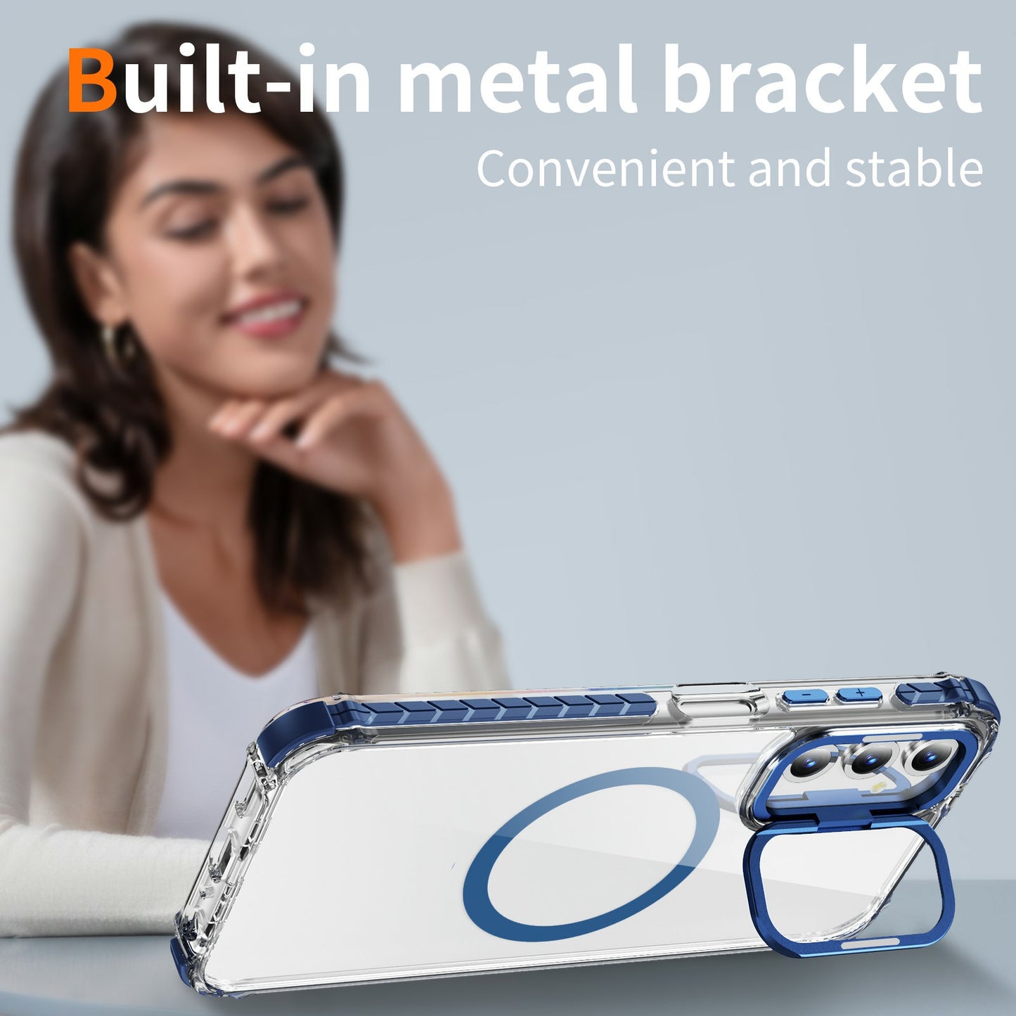 For Samsung Galaxy A16 5G  /  A16 4G Clear Phone Case with Lens Kickstand Cover Compatible with MagSafe - Blue