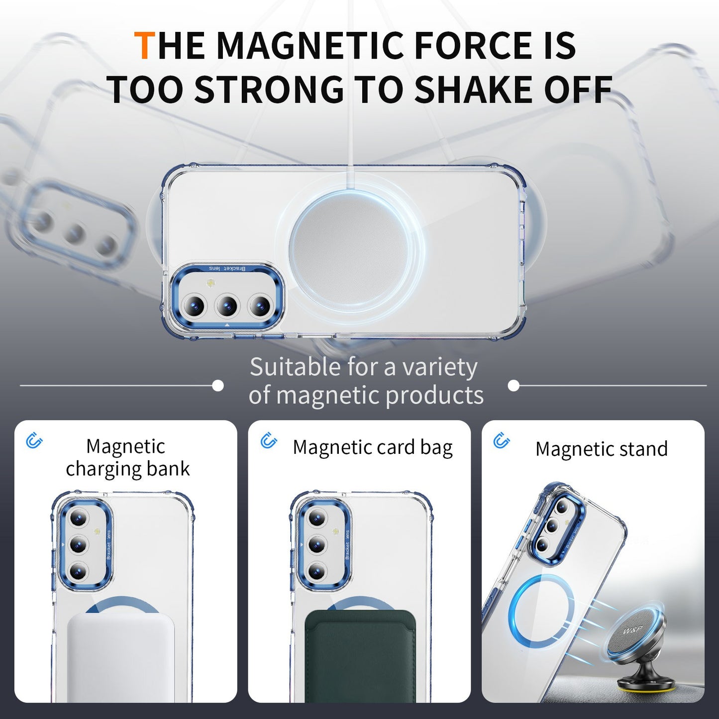 For Samsung Galaxy A16 5G  /  A16 4G Clear Phone Case with Lens Kickstand Cover Compatible with MagSafe - Blue