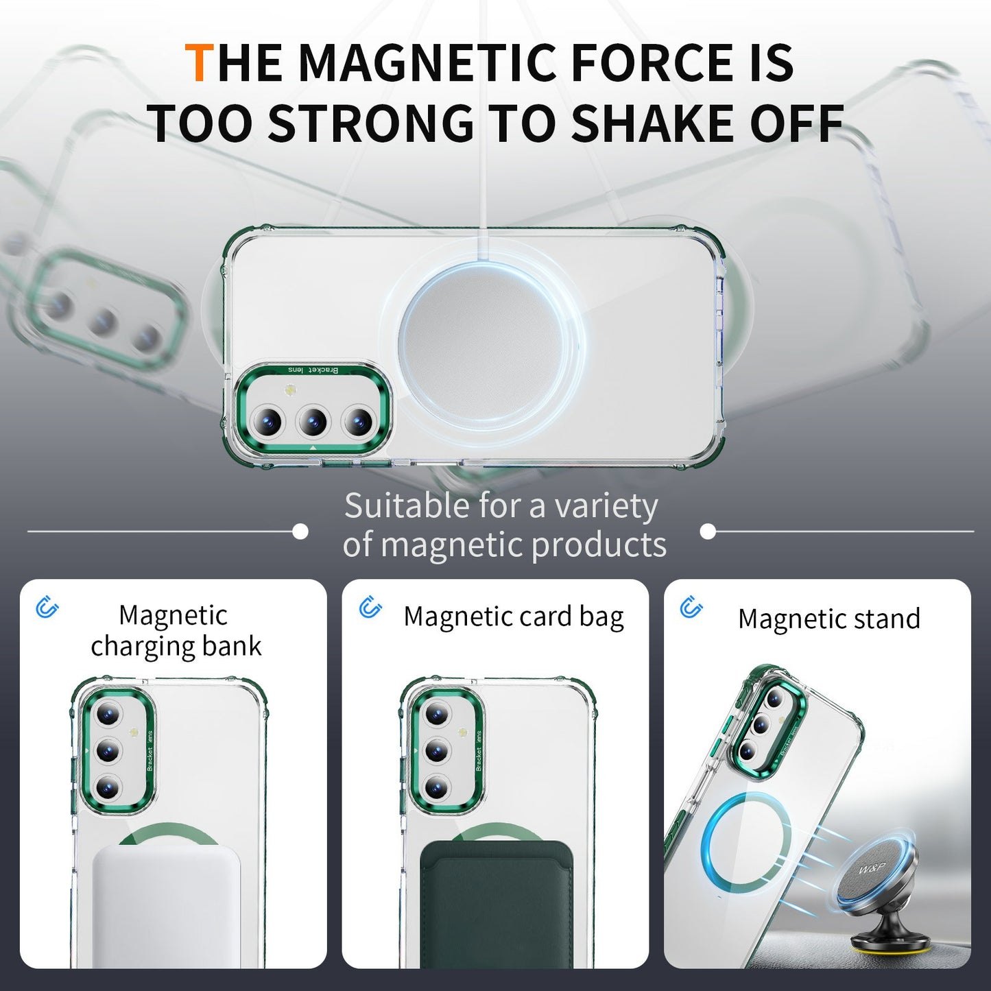 For Samsung Galaxy A16 5G  /  A16 4G Clear Phone Case with Lens Kickstand Cover Compatible with MagSafe - Green