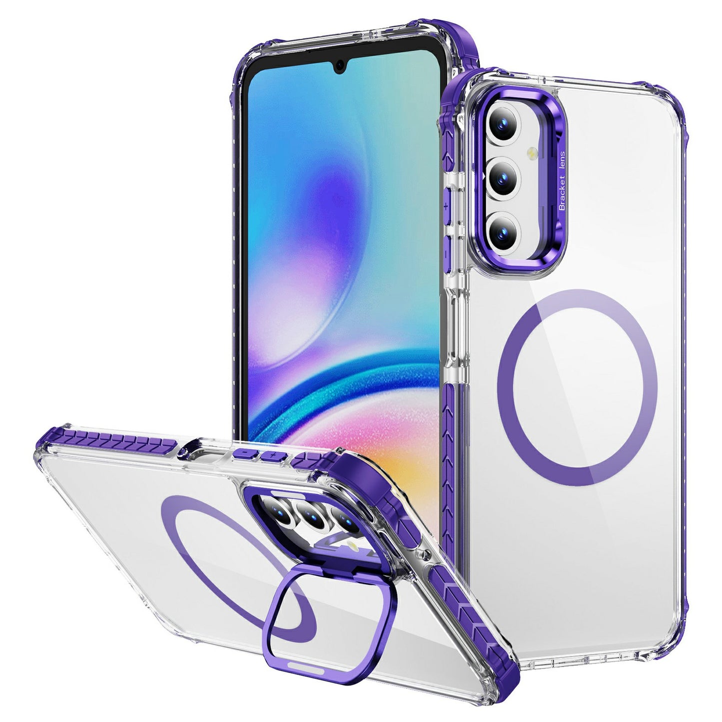 For Samsung Galaxy A16 5G  /  A16 4G Clear Phone Case with Lens Kickstand Cover Compatible with MagSafe - Purple