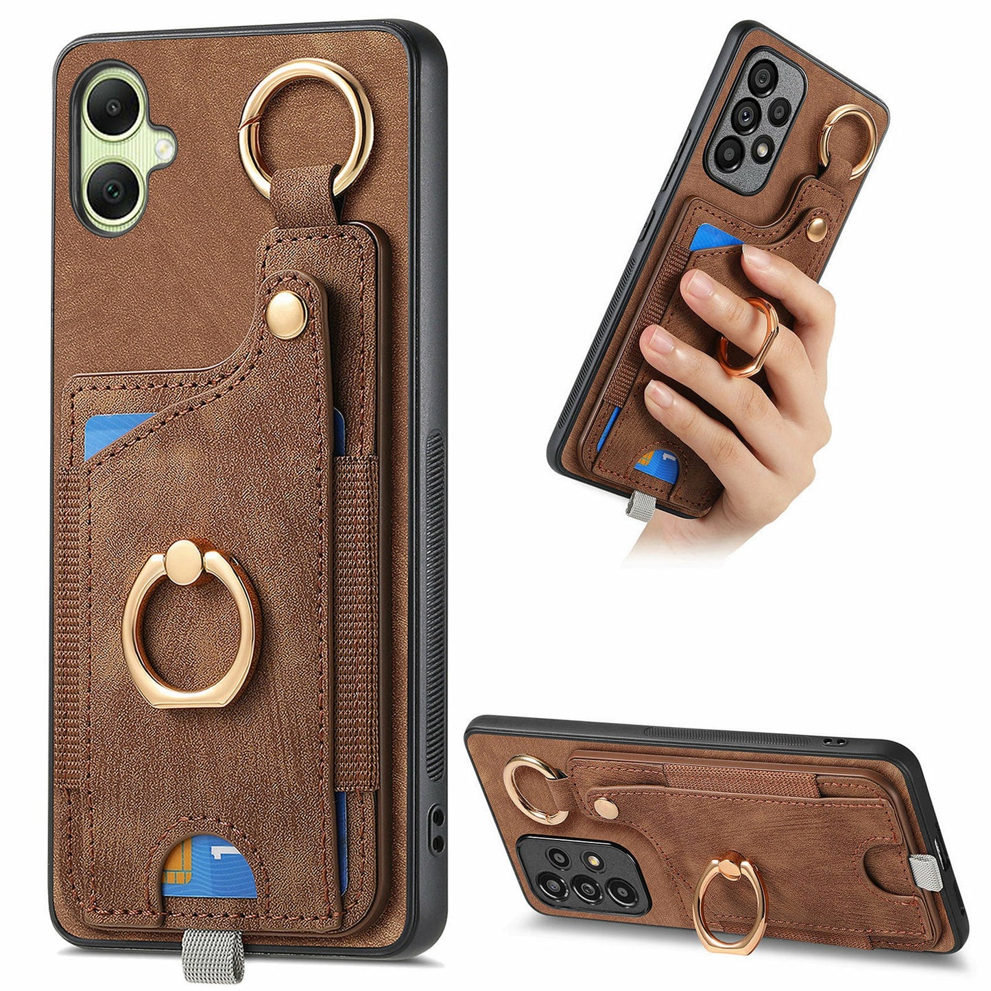 For Samsung Galaxy A06 Case Card Slots Leather+TPU Phone Cover with Ring Buckle - Brown