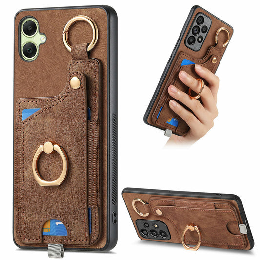 For Samsung Galaxy A06 Case Card Slots Leather+TPU Phone Cover with Ring Buckle - Brown