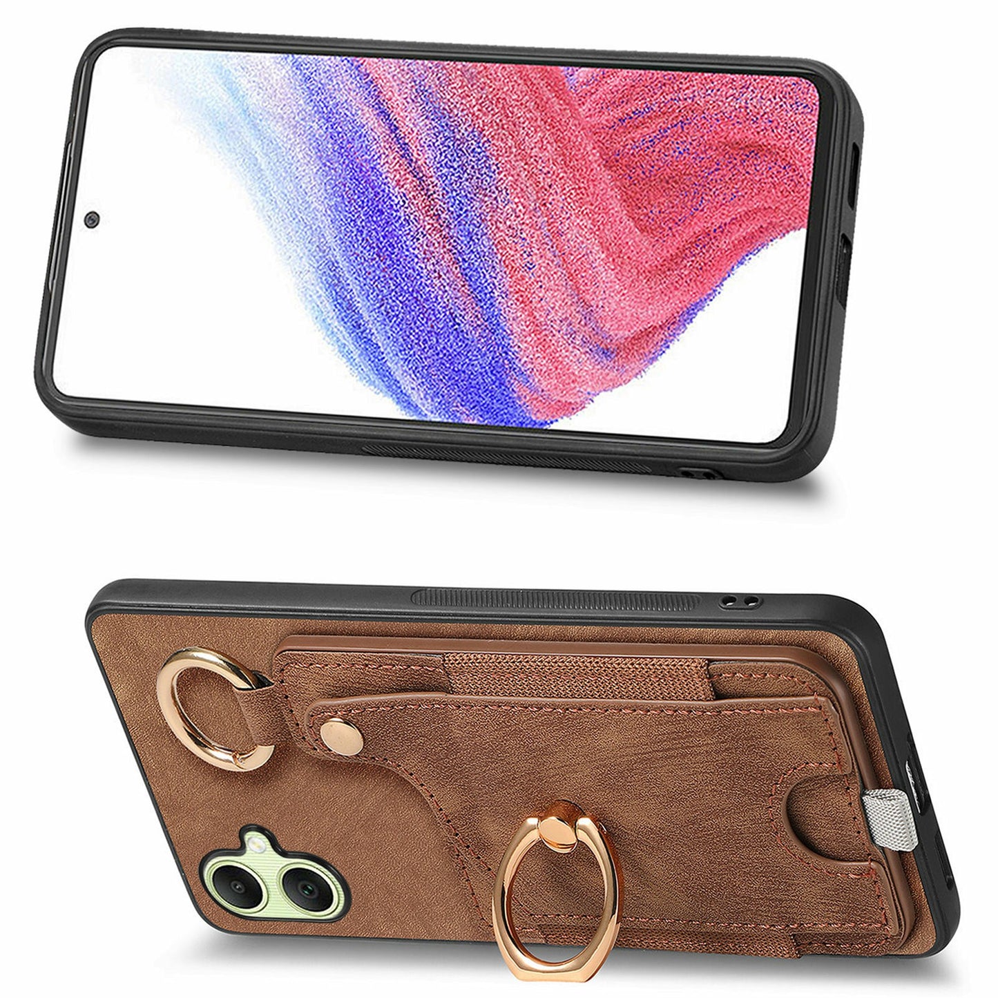 For Samsung Galaxy A06 Case Card Slots Leather+TPU Phone Cover with Ring Buckle - Brown