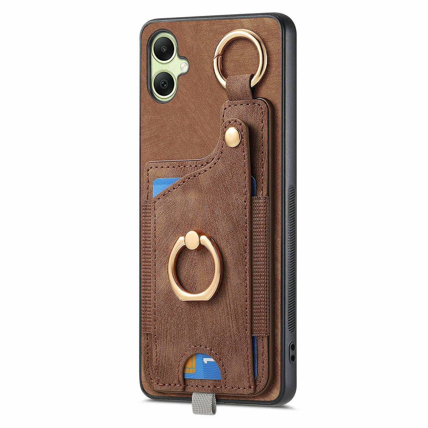 For Samsung Galaxy A06 Case Card Slots Leather+TPU Phone Cover with Ring Buckle - Brown