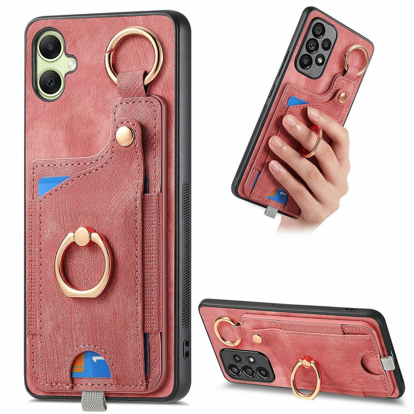 For Samsung Galaxy A06 Case Card Slots Leather+TPU Phone Cover with Ring Buckle - Pink