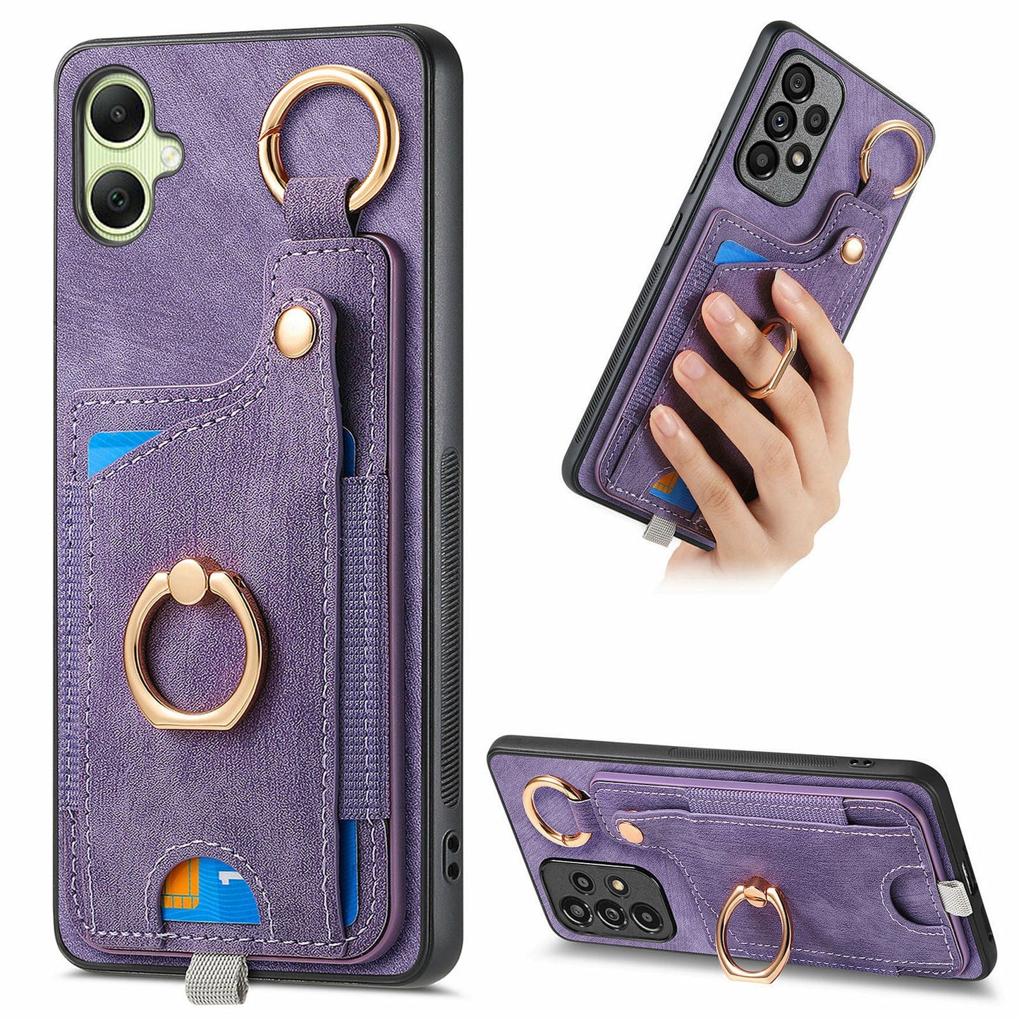 For Samsung Galaxy A06 Case Card Slots Leather+TPU Phone Cover with Ring Buckle - Purple