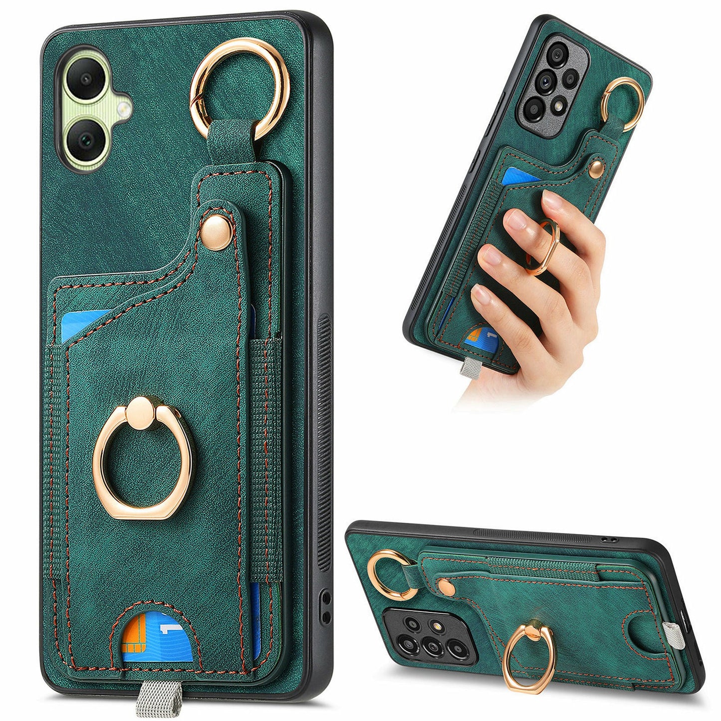 For Samsung Galaxy A06 Case Card Slots Leather+TPU Phone Cover with Ring Buckle - Green
