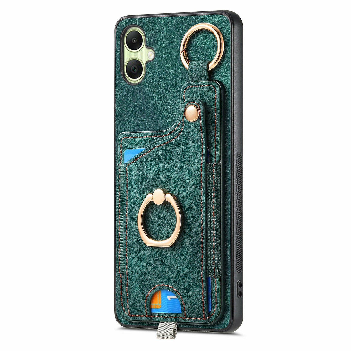 For Samsung Galaxy A06 Case Card Slots Leather+TPU Phone Cover with Ring Buckle - Green