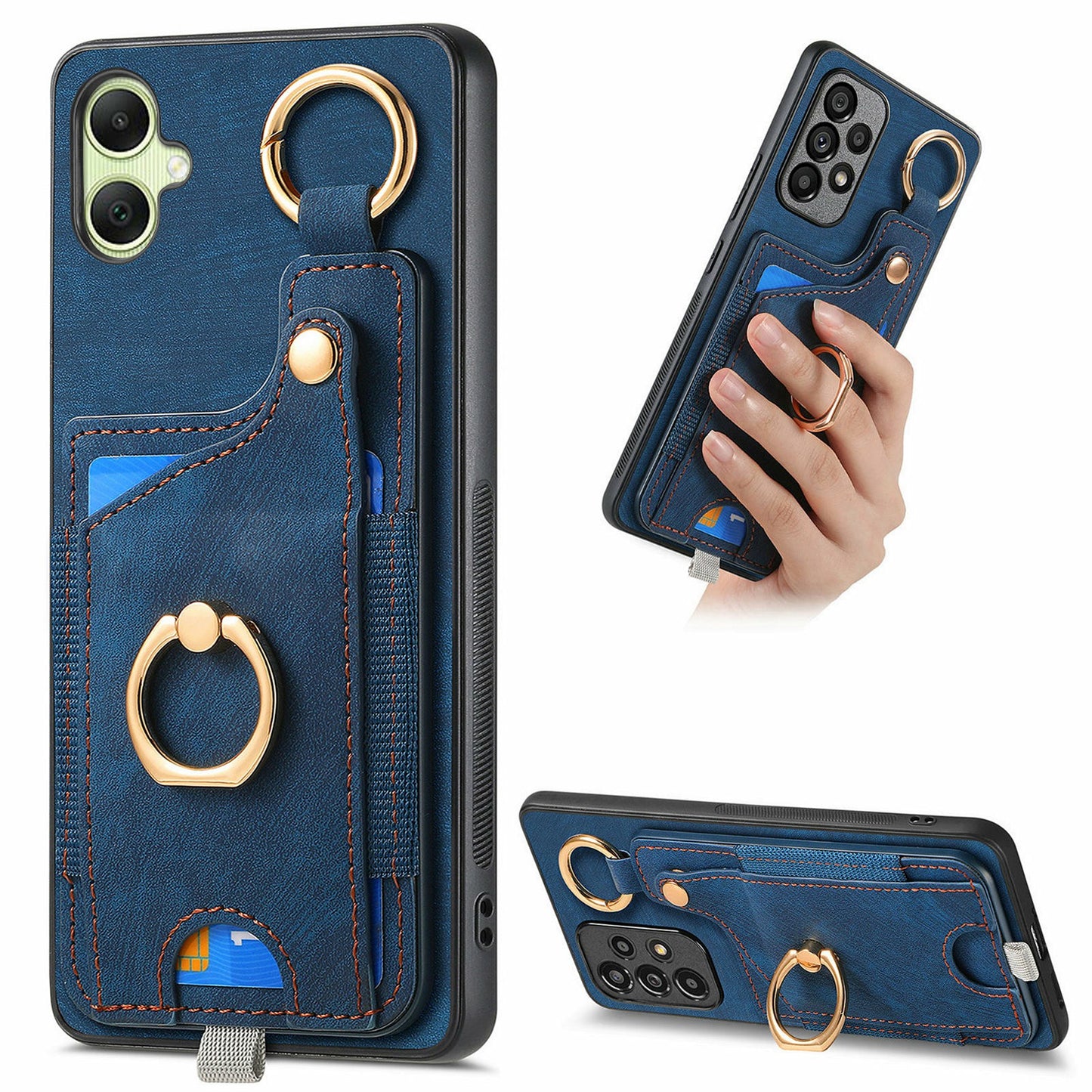 For Samsung Galaxy A06 Case Card Slots Leather+TPU Phone Cover with Ring Buckle - Blue