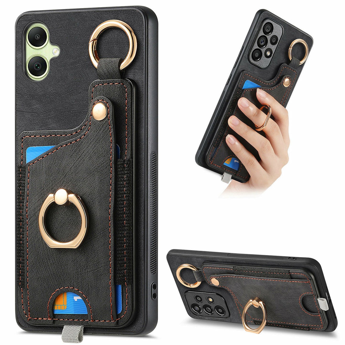 For Samsung Galaxy A06 Case Card Slots Leather+TPU Phone Cover with Ring Buckle - Black