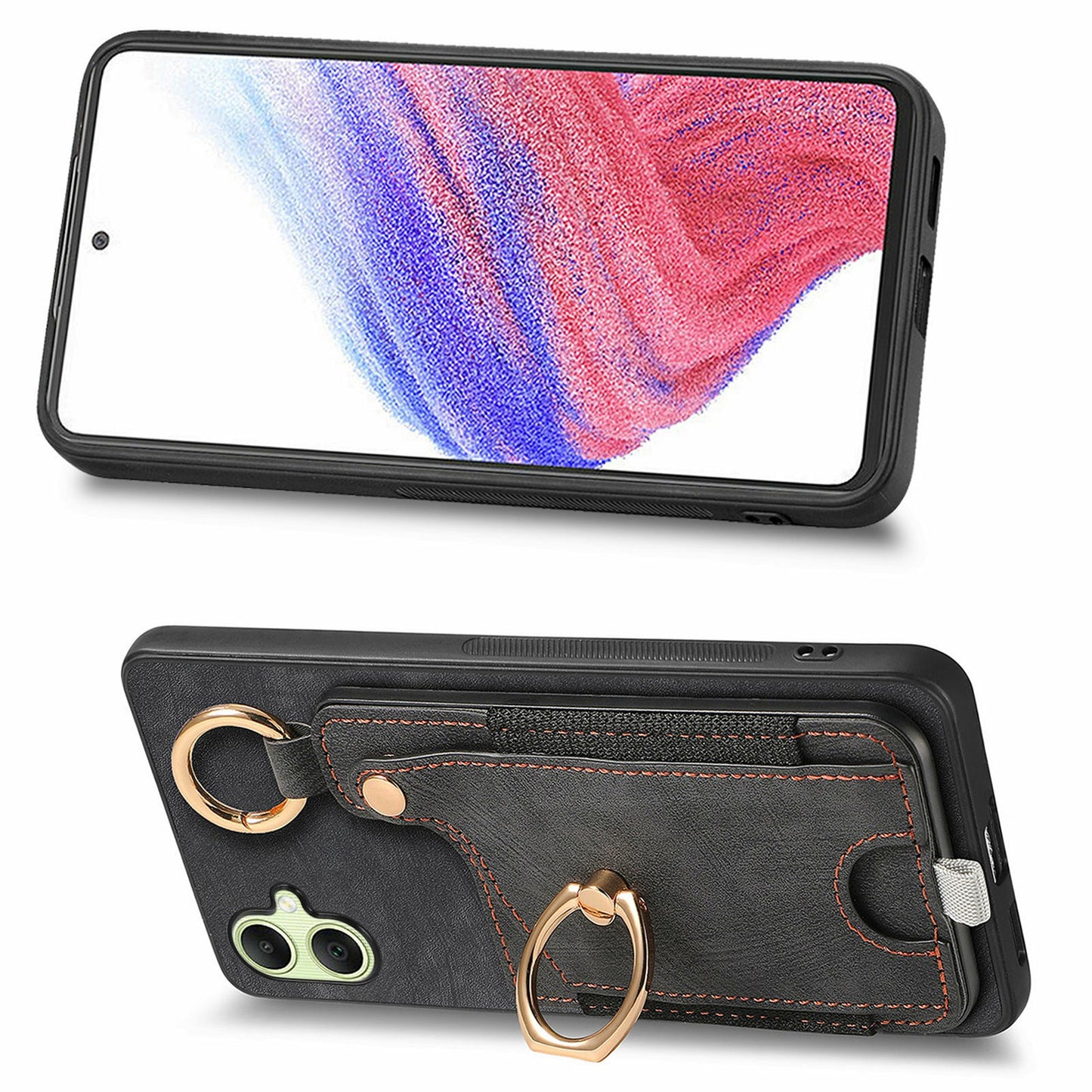 For Samsung Galaxy A06 Case Card Slots Leather+TPU Phone Cover with Ring Buckle - Black