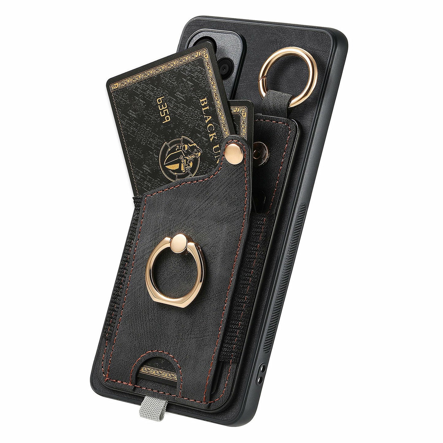For Samsung Galaxy A06 Case Card Slots Leather+TPU Phone Cover with Ring Buckle - Black