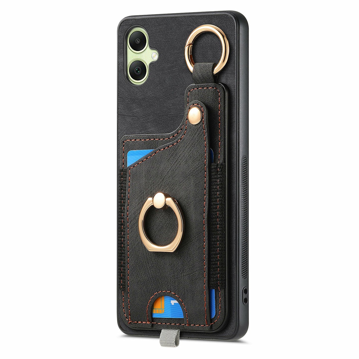 For Samsung Galaxy A06 Case Card Slots Leather+TPU Phone Cover with Ring Buckle - Black