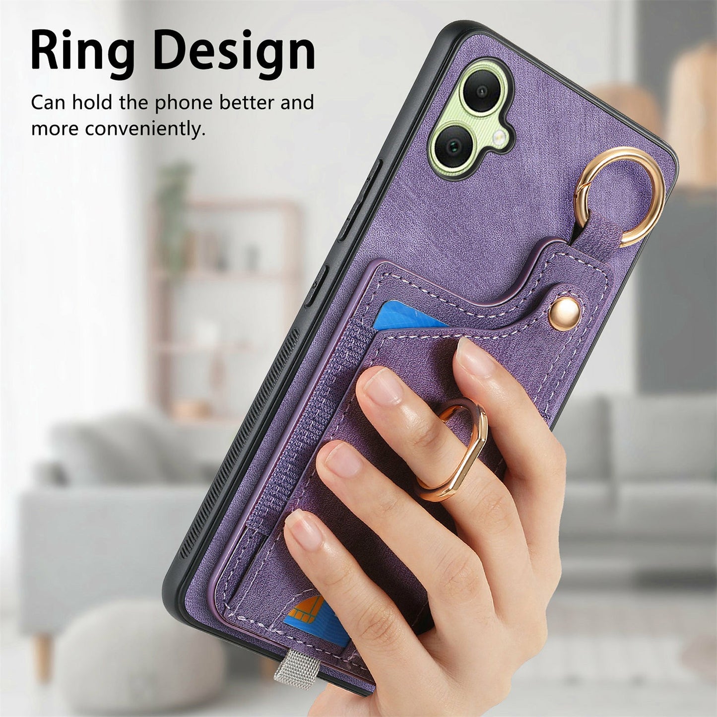 For Samsung Galaxy A06 Case Card Slots Leather+TPU Phone Cover with Ring Buckle - Black