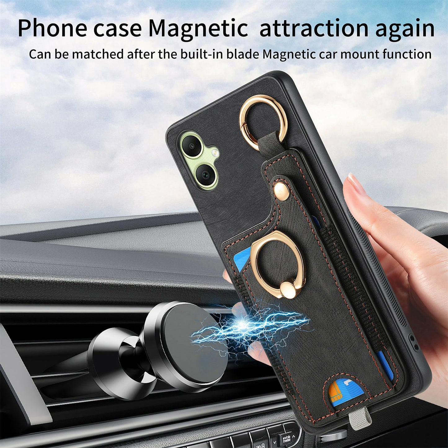 For Samsung Galaxy A06 Case Card Slots Leather+TPU Phone Cover with Ring Buckle - Black
