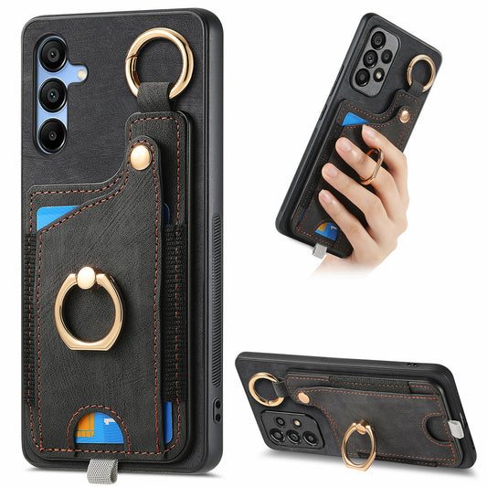 For Samsung Galaxy A16 4G / 5G Case Card Slots Leather+TPU Phone Cover with Ring Buckle - Black