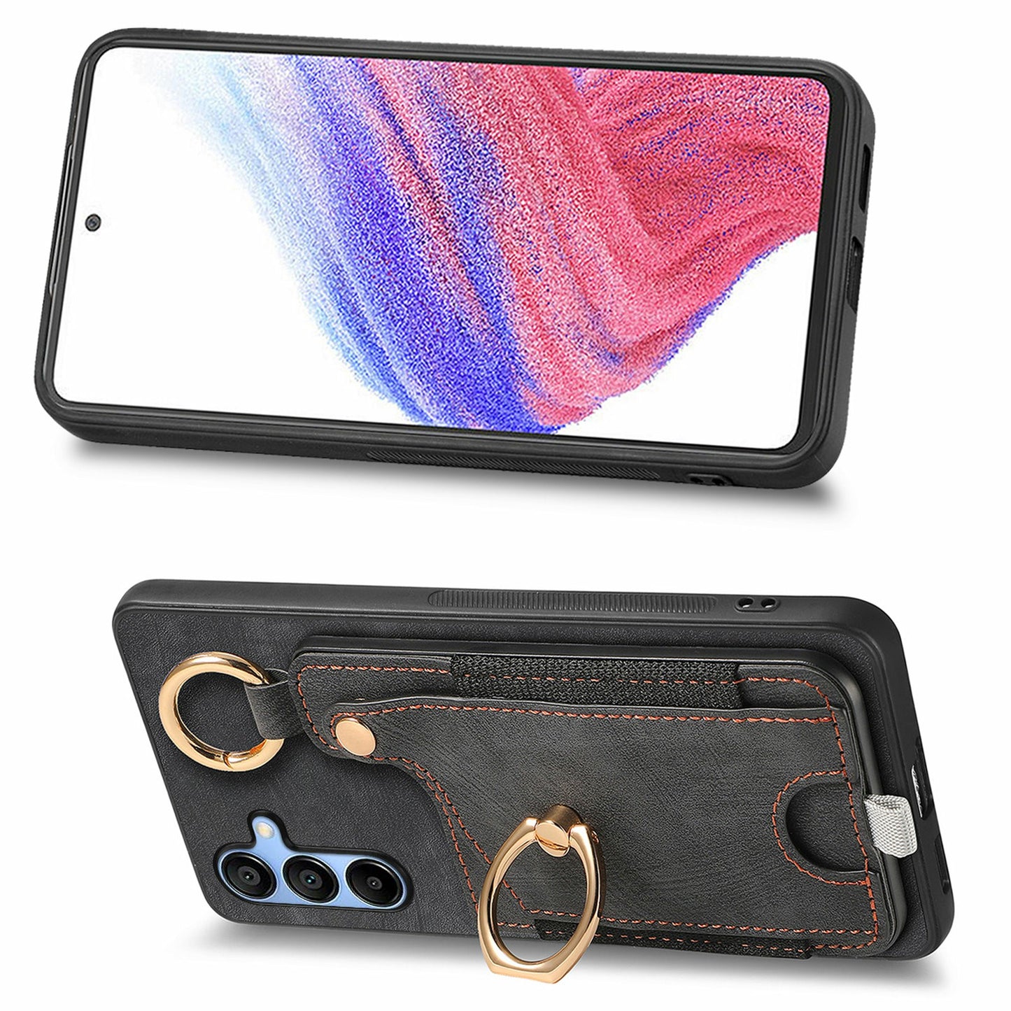 For Samsung Galaxy A16 4G / 5G Case Card Slots Leather+TPU Phone Cover with Ring Buckle - Black