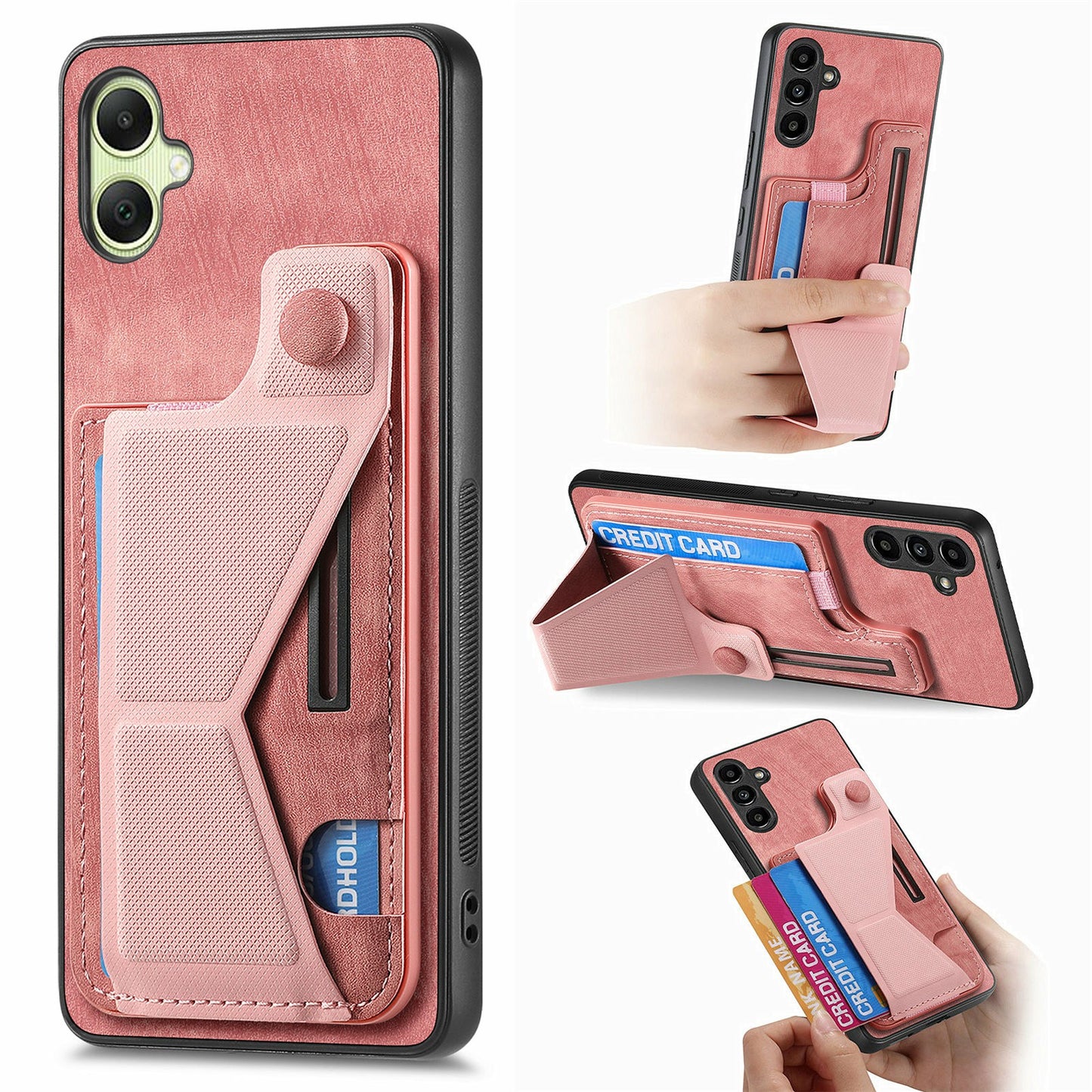 For Samsung Galaxy A06 Case Retro Leather Back Cover Card Slot Side Kickstand - Pink
