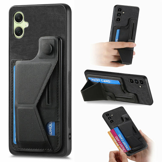For Samsung Galaxy A06 Case Retro Leather Back Cover Card Slot Side Kickstand - Black