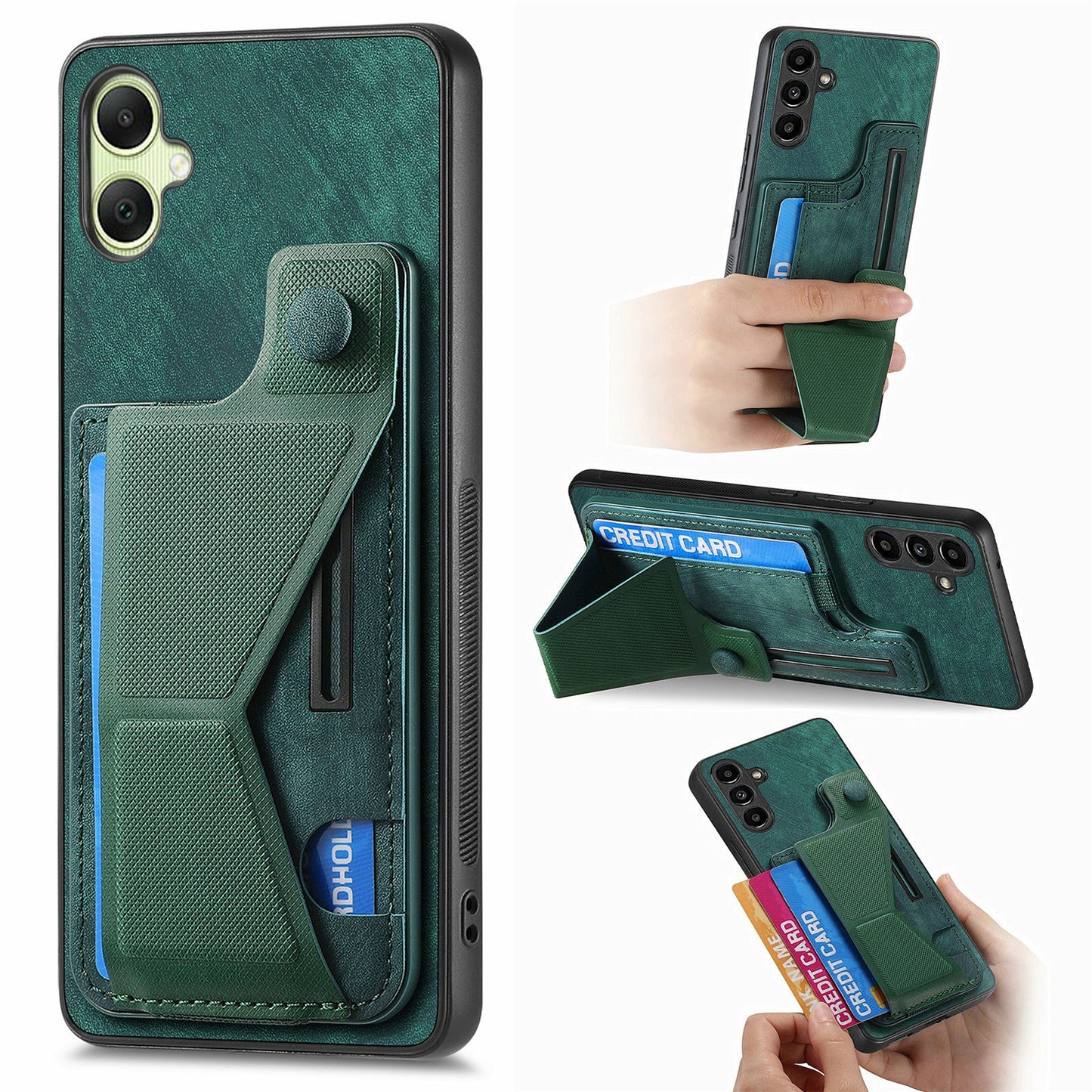 For Samsung Galaxy A06 Case Retro Leather Back Cover Card Slot Side Kickstand - Green