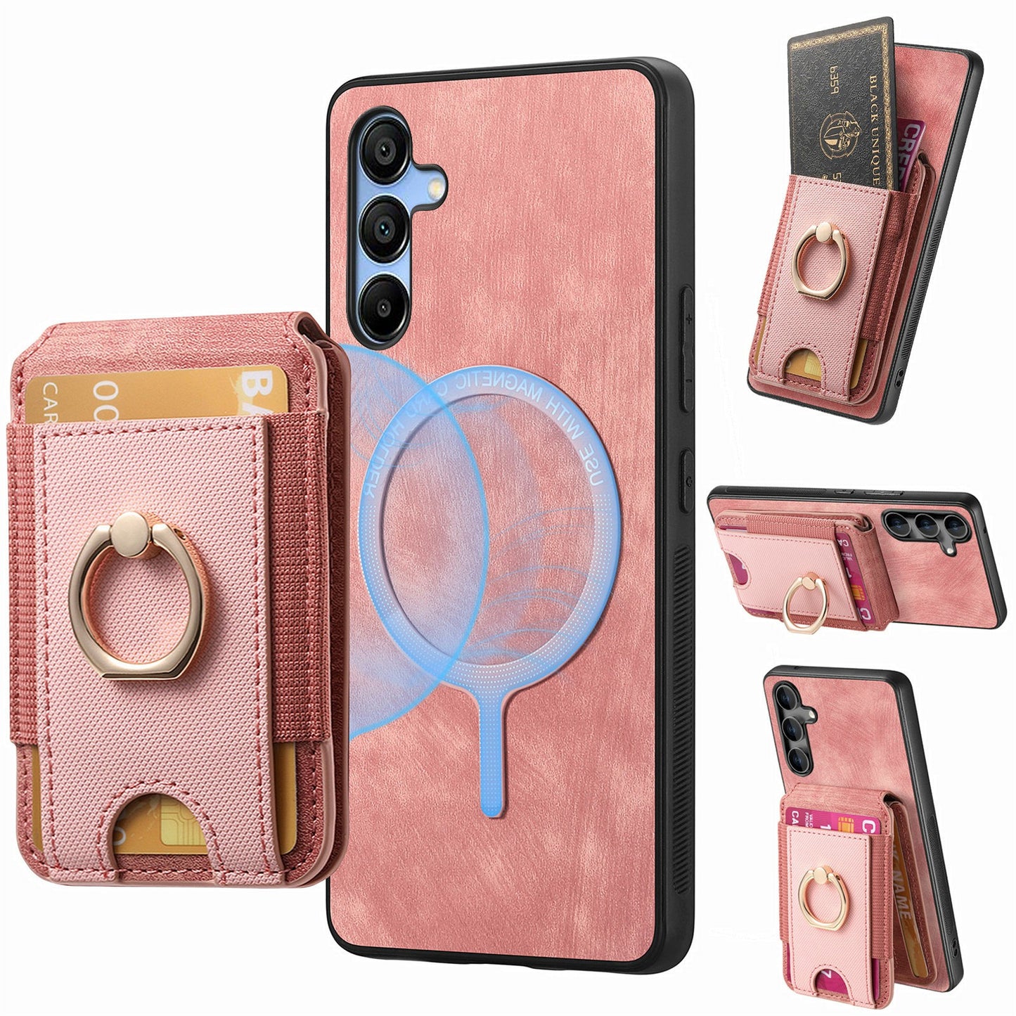 For Samsung Galaxy A16 4G / 5G Case Vertical Flip Card Holder Ring Holder Kickstand Leather Back Cover - Pink
