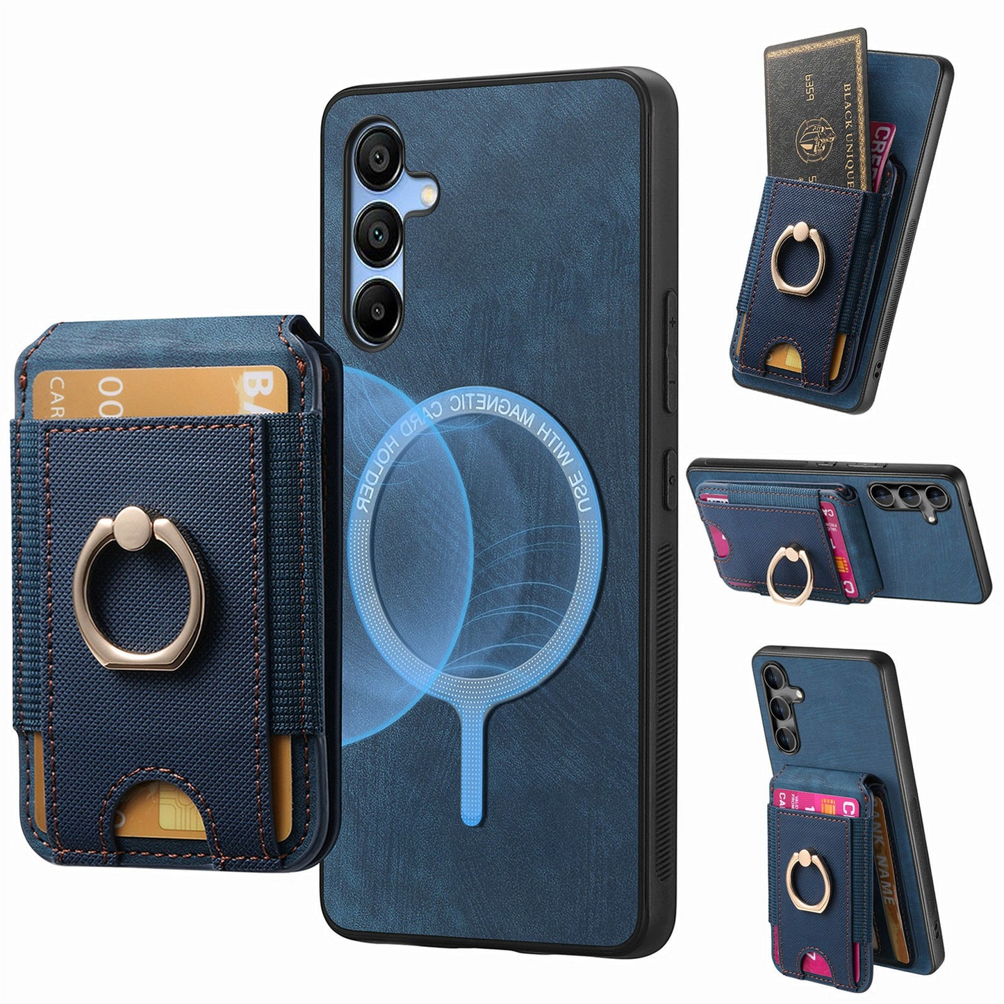 For Samsung Galaxy A16 4G / 5G Case Vertical Flip Card Holder Ring Holder Kickstand Leather Back Cover - Blue
