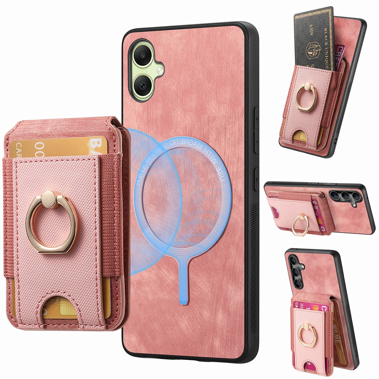 For Samsung Galaxy A06 Case Vertical Flip Card Holder Ring Holder Kickstand Leather Back Cover - Pink