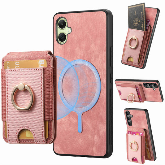 For Samsung Galaxy A06 Case Vertical Flip Card Holder Ring Holder Kickstand Leather Back Cover - Pink