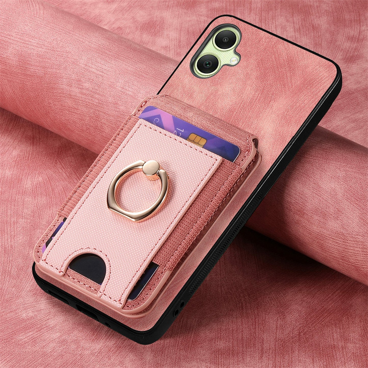 For Samsung Galaxy A06 Case Vertical Flip Card Holder Ring Holder Kickstand Leather Back Cover - Pink