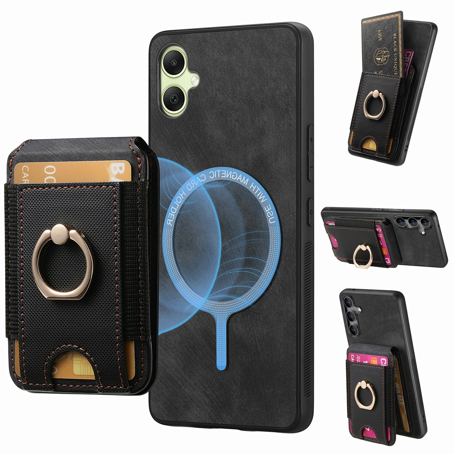 For Samsung Galaxy A06 Case Vertical Flip Card Holder Ring Holder Kickstand Leather Back Cover - Black