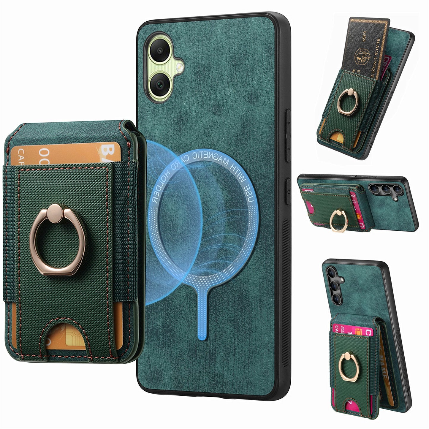 For Samsung Galaxy A06 Case Vertical Flip Card Holder Ring Holder Kickstand Leather Back Cover - Green