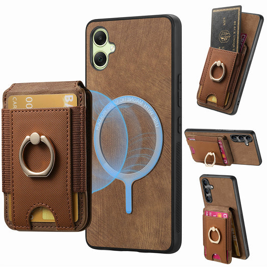 For Samsung Galaxy A06 Case Vertical Flip Card Holder Ring Holder Kickstand Leather Back Cover - Brown