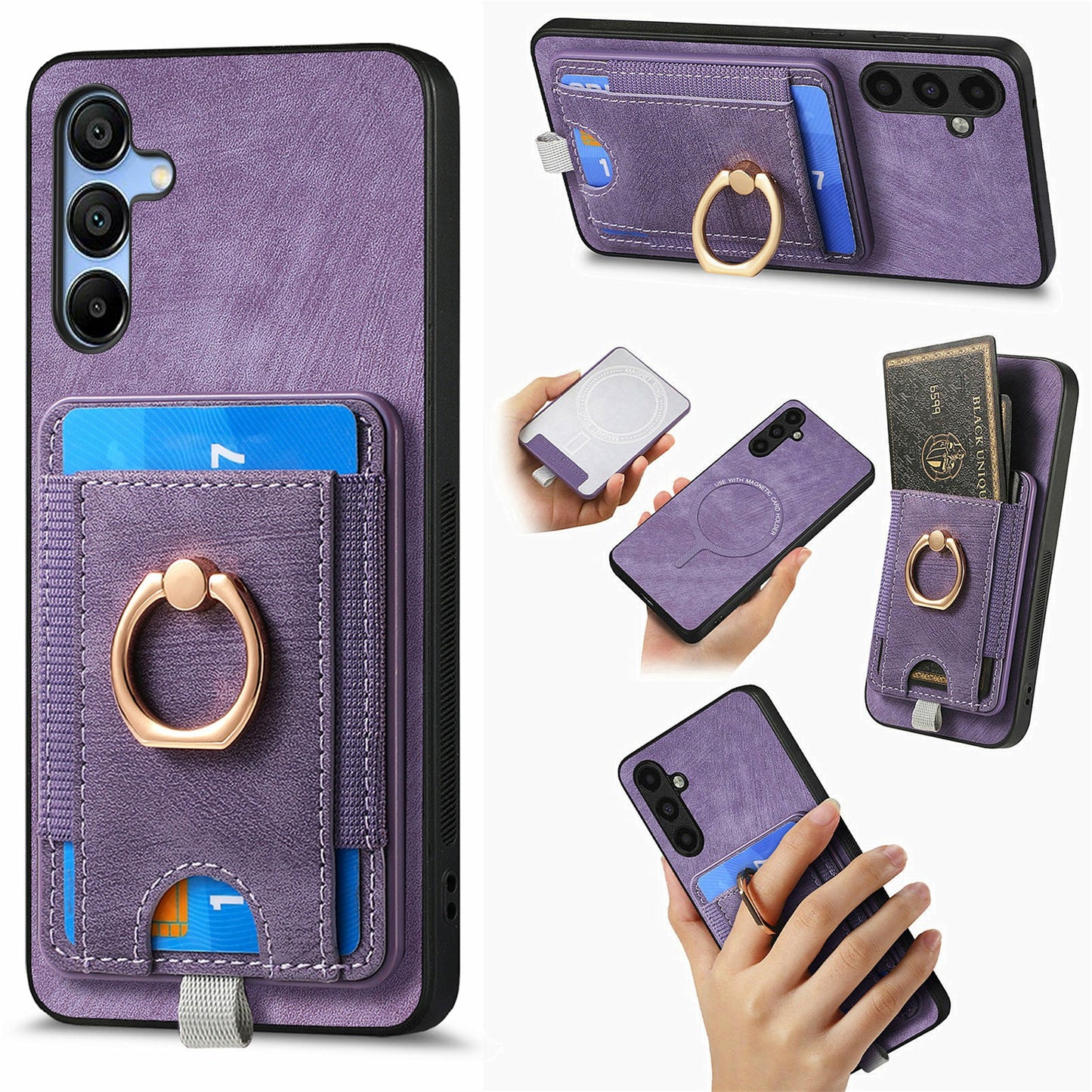 For Samsung Galaxy A16 4G / 5G Magnetic Case Card Holder Ring Kickstand PU Leather Phone Back Cover - Purple
