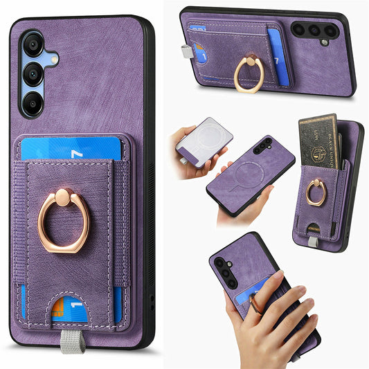 For Samsung Galaxy A16 4G / 5G Magnetic Case Card Holder Ring Kickstand PU Leather Phone Back Cover - Purple