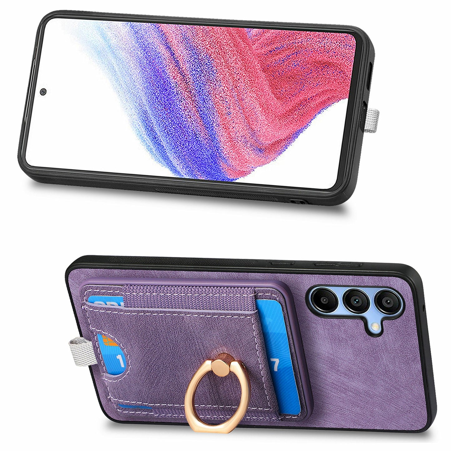 For Samsung Galaxy A16 4G / 5G Magnetic Case Card Holder Ring Kickstand PU Leather Phone Back Cover - Purple